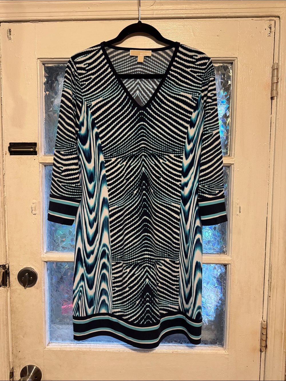 MICHAEL Michael Kors Teal, Navy and White V-Neck Long Sleeve Pattern Dress
